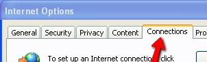 Internet Explorer 8 Internet Options and the Connections Tab clicked.