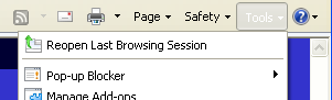 Internet Explorer 8 Tools button depressed showing the Internet Options menu item.