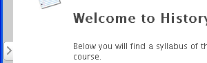 Image showing the left navigation hidden. Click the small tab with the arrow pointing right after logging into your online class to show the left navigation course menu in your class.