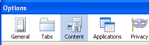 The Content Button selected and Block Pop-up Windows Disabled in the Options screen in Firefox.