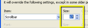 The Advanced Appearance settings with the Item chosen to Scrollbar and the size set to a number smaller than 20.