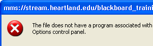 The error message when trying to stream windows media video: The file does not have a program associated with it for performing the action. Create an association in the Folder Options control panel