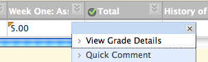 Clicking on the Double Chevron symbol to the right of the Student Grade which has been overridden (not the column heading) and bringing up the 'View Grade Details'.