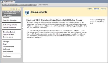 Announcement page shown within the Blackboard 100 Orientation and Support online course at Heartland Community College during the Fall 2011 semester.